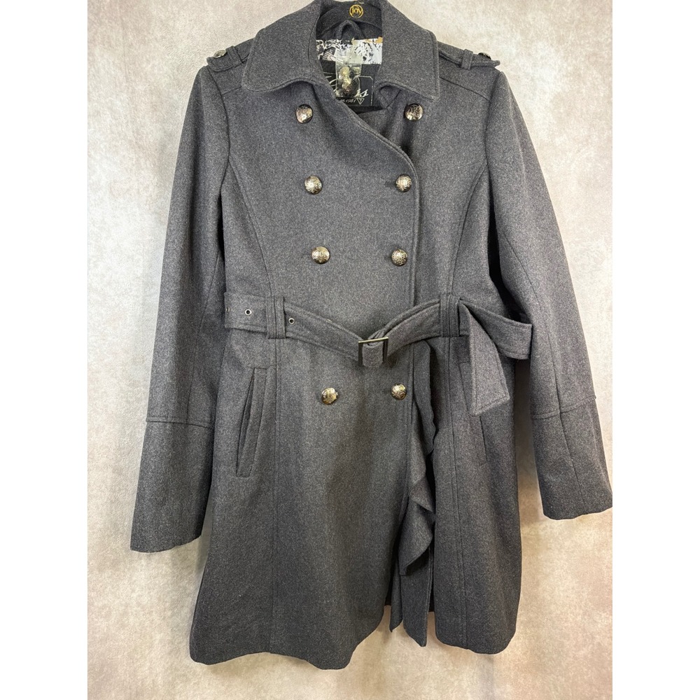 Y2K Guess Trench Coat Women Large Grey Wool Blend Double Breasted Ruffle Belted